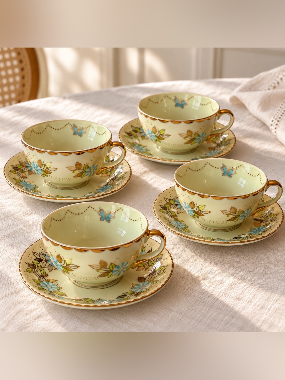 Anthropologie Venetian Lustre Floral Teacups & Saucers Set of 4